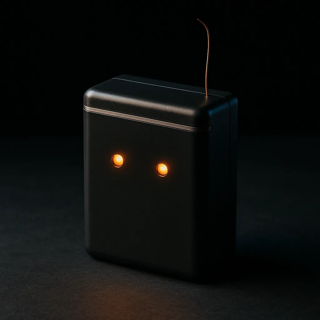 The jigawatt unit: a matte black box with two amber indicator LEDs and a thin copper antenna.